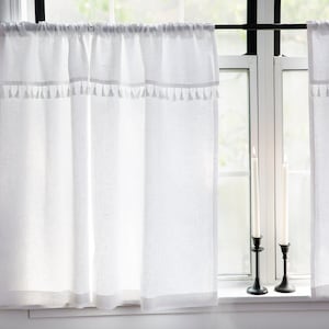 Boho curtains|LINED white linen bohemian curtains with WHITE tassels|Kitchen curtains|1 panel