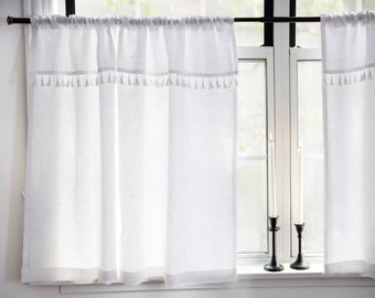 Boho curtains|LINED white linen bohemian curtains with WHITE tassels|Kitchen curtains|1 panel