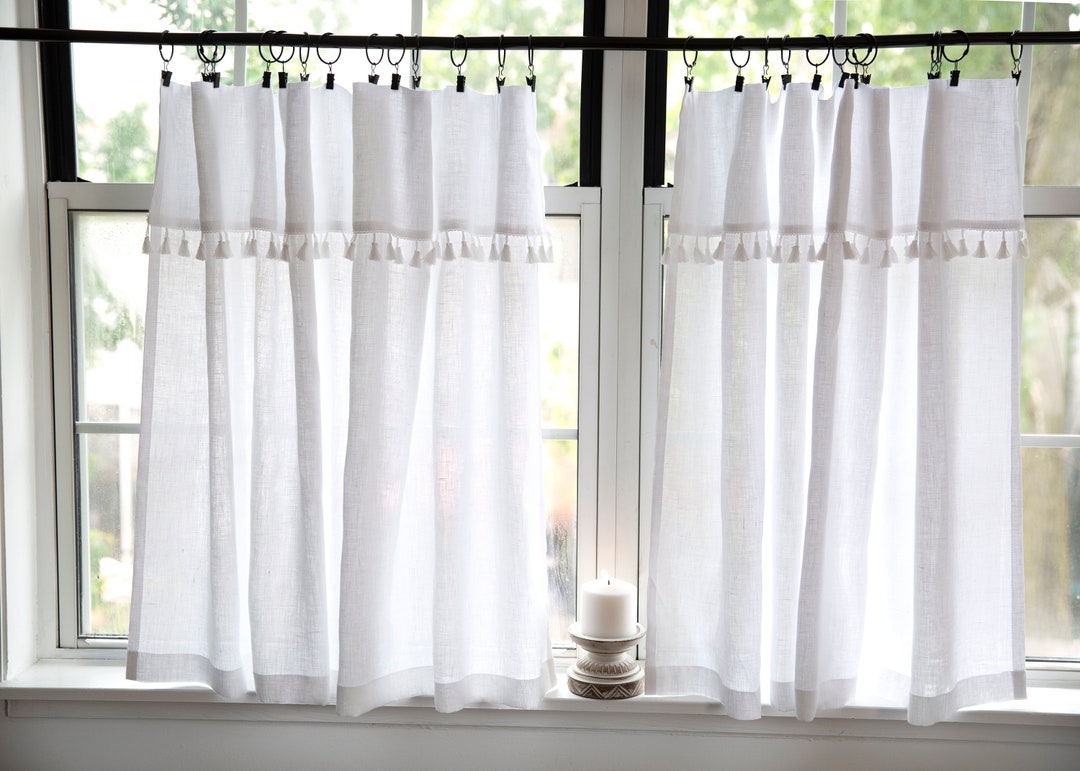 Boho Curtains|white Linen Bohemian Curtains With WHITE Tassels|kitchen Curtains|1 Panel - Etsy