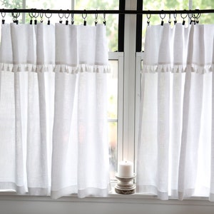 Boho curtains|White linen bohemian curtains with WHITE tassels|Kitchen curtains|1 panel