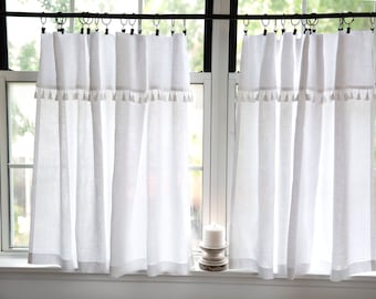 Boho curtains|White linen bohemian curtains with WHITE tassels|Kitchen curtains|1 panel