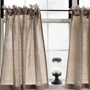 Linen cafe curtains with ties| NATURAL linen curtain with ties|Kitchen curtains|1 panel|short curtains