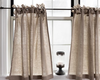 Linen cafe curtains with ties| NATURAL linen curtain with ties|Kitchen curtains|1 panel|short curtains