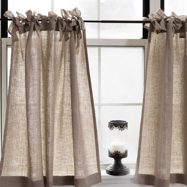 Linen cafe curtains with ties| NATURAL linen curtain with ties|Kitchen curtains|1 panel|short curtains