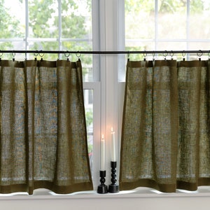Linen cafe curtains| OLIVE green| short curtains|Kitchen curtains|1 panel