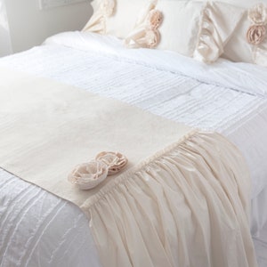 Ruffled Bed Runner in Natural or White Cotton | Farmhouse Bed Scarf with Roses | Rustic Cottage Bedding Decor | Handmade Bedroom Accent