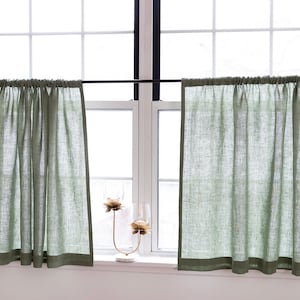 Linen cafe curtains|medium green linen|Kitchen curtains|1 panel,short curtains