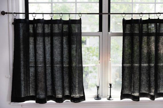 Linen Cafe Curtains BLACK Linen kitchen Curtains 1 Panel Etsy