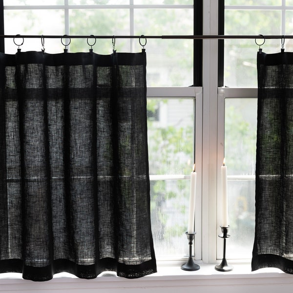 Linen cafe curtains| BLACK linen|Kitchen curtains|1 panel