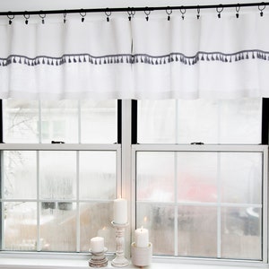 White linen valance|boho curtain with gray tassels|kitchen valance 1 PANEL|bathroom curtains