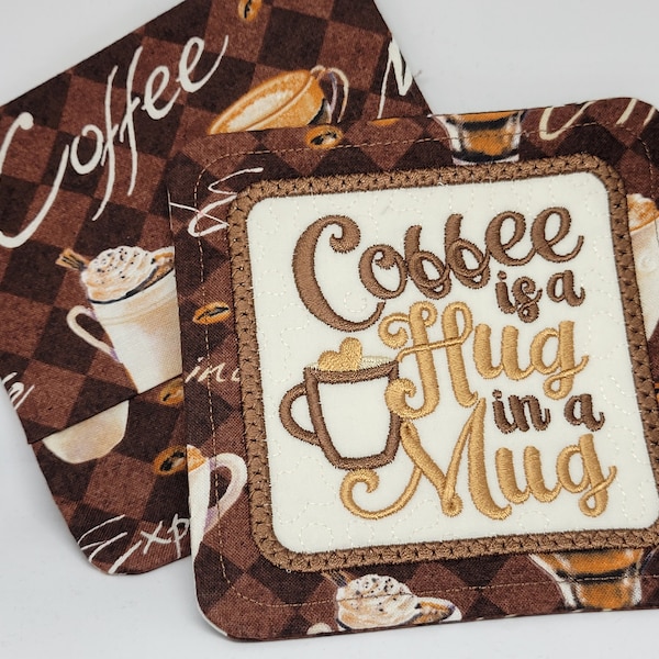 Handcrafted Embroidered Fabric Mug Rug Coasters Coffee Caffeine