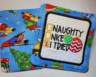 Handcrafted Embroidered Fabric Mug Rug Coasters Holiday Christmas Santa Tree Funny Set #2