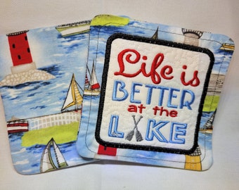 Handcrafted Embroidered Fabric Mug Rug Coasters Lake River Beach Travel WIFI Vacation