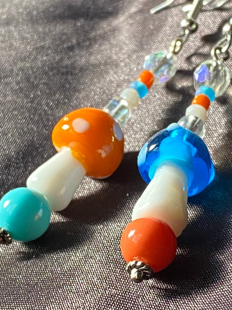 Orange /& Blue glass mushroom earrings