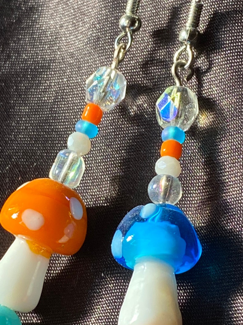 Orange /& Blue glass mushroom earrings