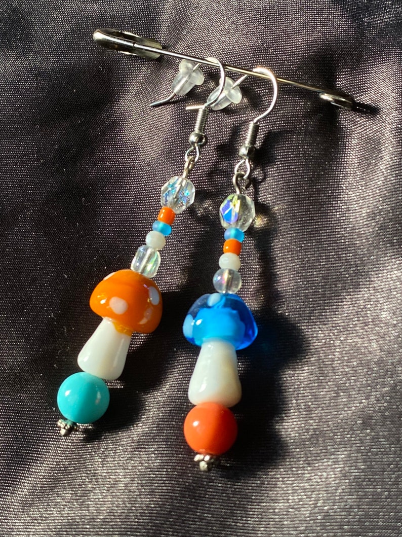 Orange /& Blue glass mushroom earrings