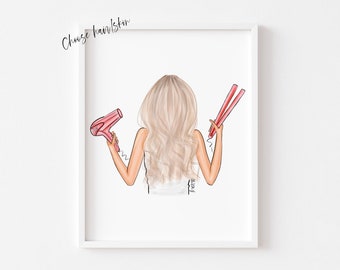 Art print : Hairdresser Girl, Birthday gift, Glam room wall decor (Personalise by choosing Hair & skin option)