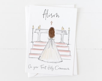 Grußkarte: Personalisierte Erstkommunion Karte, Mädchen am Altar, irische Sprache