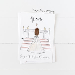 Greeting card: Girl at Altar making First Holy Communion Personalise by adding a Name, choosing Hair option zdjęcie 8