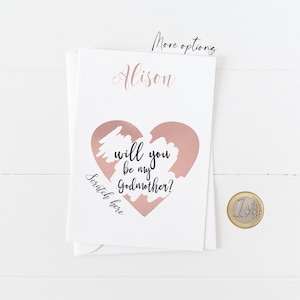 Greeting scratch & reveal card Will you be my Godparent, Godmother or Godfather Christian card Personalise with a First Name Rose gold heart