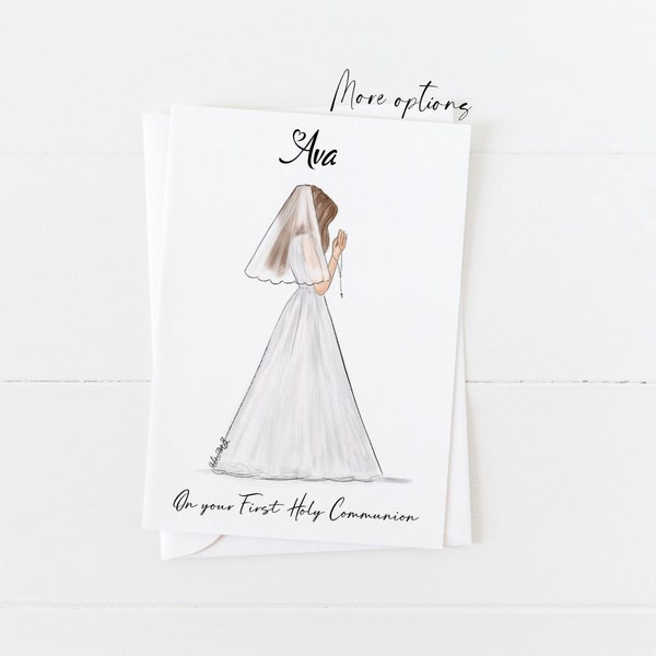 Greeting card : First Holy Communion Girl with Rosary beads (Personalise by adding a Name, choose Hair & skin option)