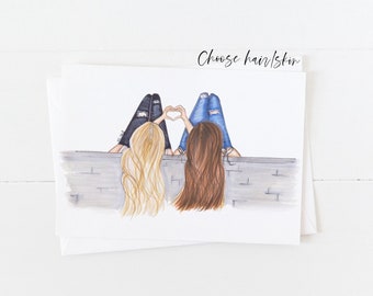 Greeting Card : Two girls with heart hands, Card for Best friend, Girlfriend, Twin, Sister, Cousins, Personalised hair & skin