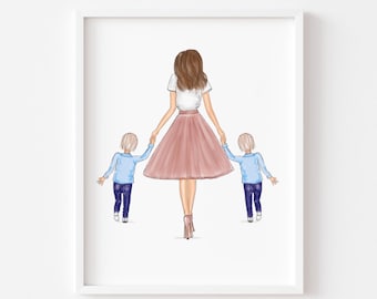Kunstdruck: Personalisierte Mutter & Zwillinge Illustration
