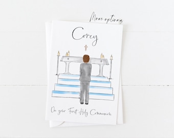 Greeting card : Boy at Altar making First Holy Communion (Personalise by adding a Name, choosing Hair option)