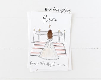 Greeting card: Girl at Altar making First Holy Communion (Personalise by adding a Name, choosing Hair option)