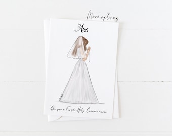 Greeting card : First Holy Communion Girl with Rosary beads (Personalise by adding a Name, choose Hair & skin option)