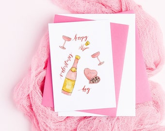 Greeting card : Happy Valentines day, Rosé, Pink champagne and Chocolates, Hand made luxury card