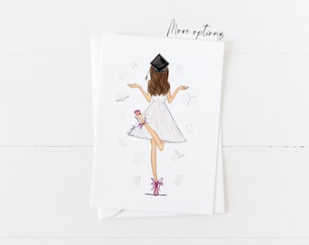 Greeting card : Graduation girl Flying books, College grad gift (Personalise by adding a Name, choosing Hair & skin option)