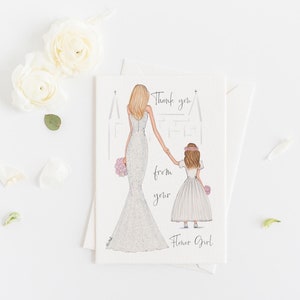 Kartka z pozdrowieniami - Kartka z podziękowaniami dla Panny Młodej od Flower Girl (Spersonalizuj wybierając opcję Włosy i skóra)