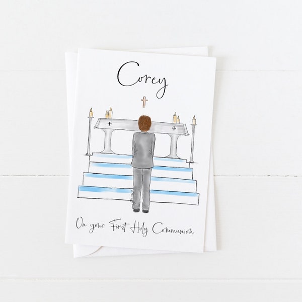 Greeting card : Boy at Altar making First Holy Communion (Personalise by adding a Name, choosing Hair option)