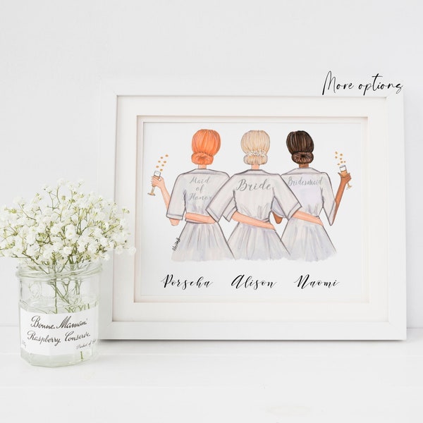 Art print - Bride with Bridesmaids, Wedding party group illustration, Gift for Bride or Bridesmaids, Maid of Honor,  Sisters