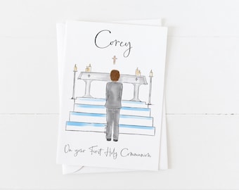 Greeting card : Boy at Altar making First Holy Communion (Personalise by adding a Name, choosing Hair option)