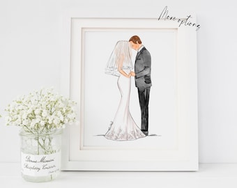 Art print - Personalized Wedding couple illustration , Bride and Groom art, unique Wedding gift, Add Names & Date of Wedding