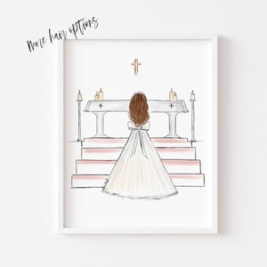 Art print : Girl at Altar making First Holy Communion, Size 8 x 10 inch Personalise by adding a Name, choosing Hair option image 1