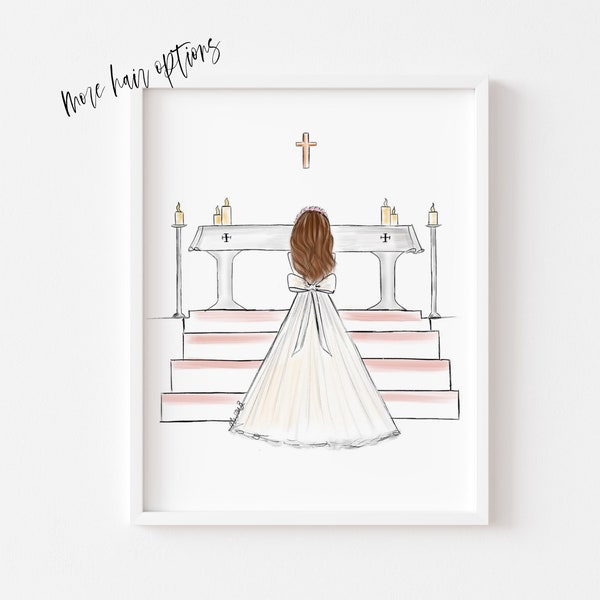 Art print : Girl at Altar making First Holy Communion, Size 8 x 10 inch (Personalise by adding a Name, choosing Hair option)