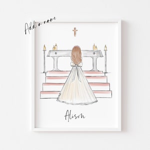 Art print : Girl at Altar making First Holy Communion, Size 8 x 10 inch Personalise by adding a Name, choosing Hair option image 2