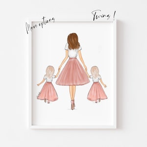 Art print : Mother & Twin Girls Pink Tulle Fashion illustration - Choose from two age options (Personalise from Hair, skin options)