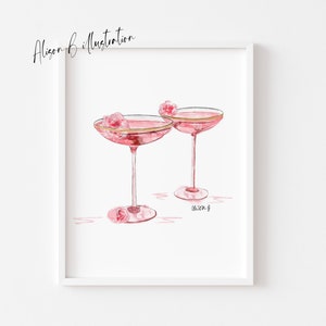 Kunstafdruk: roze champagne-kunstprint, decor barwagen, illustratie cocktaildrankjes, schets drankjes