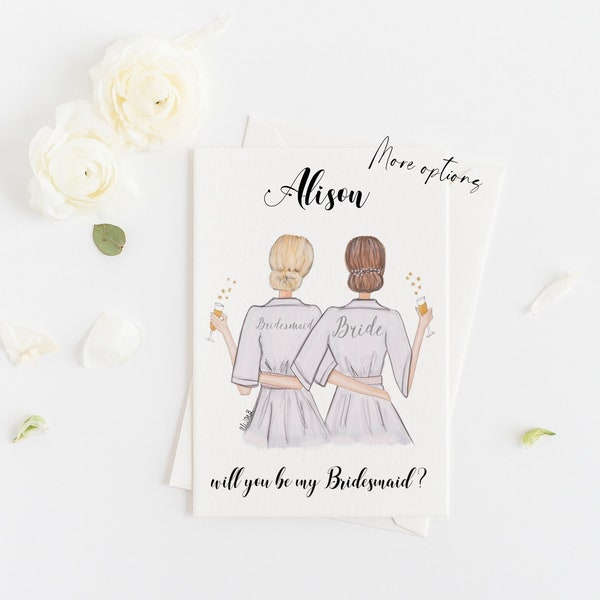 Greeting card - Will you be my Bridesmaid or Maid of Honor Ask card, Wedding proposal card, Personalise with Name, Hair & skin