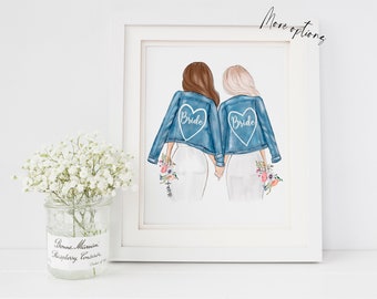 Art print : Personalized Female Gay couple sketch, Gift for Lesbian Wedding, Her & Her art of Brides in Denim jackets