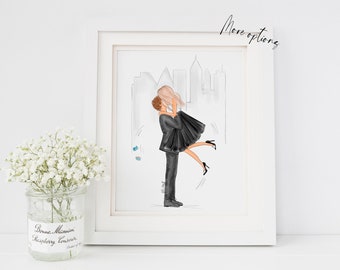 Art print : Engaged couple illustration, Wedding Anniversary wall art, Personalise by choosing Hair and skin options