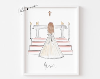 Art print : Girl at Altar making First Holy Communion, Size 5 x 7 inch (Personalise by adding a Name, choosing Hair option)