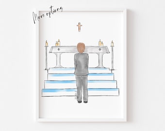 Art print : Boy at Altar making First Holy Communion, Size 8 x 10 inch (Personalise by adding a Name, choosing Hair option)