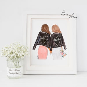 Art print Bridesmaid & Bride fashion sketch, Personalized gift for Bride or Bridal party, Hand sketched by Alison B illustration 5 x 7 No Name