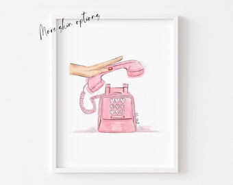 Art print : Pink rotary telephone illustration, Chic Bedroom, Girls room wall decor