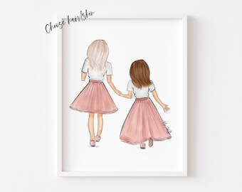 Art print : Two or Three Sisters illustration , Girls room Nursery decor (Personalise Hair, skin options)